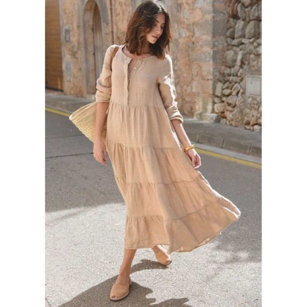 Beachwood Mara Rye Button Maxi Dress Women OS Rye Tan 100% Linen Tiered